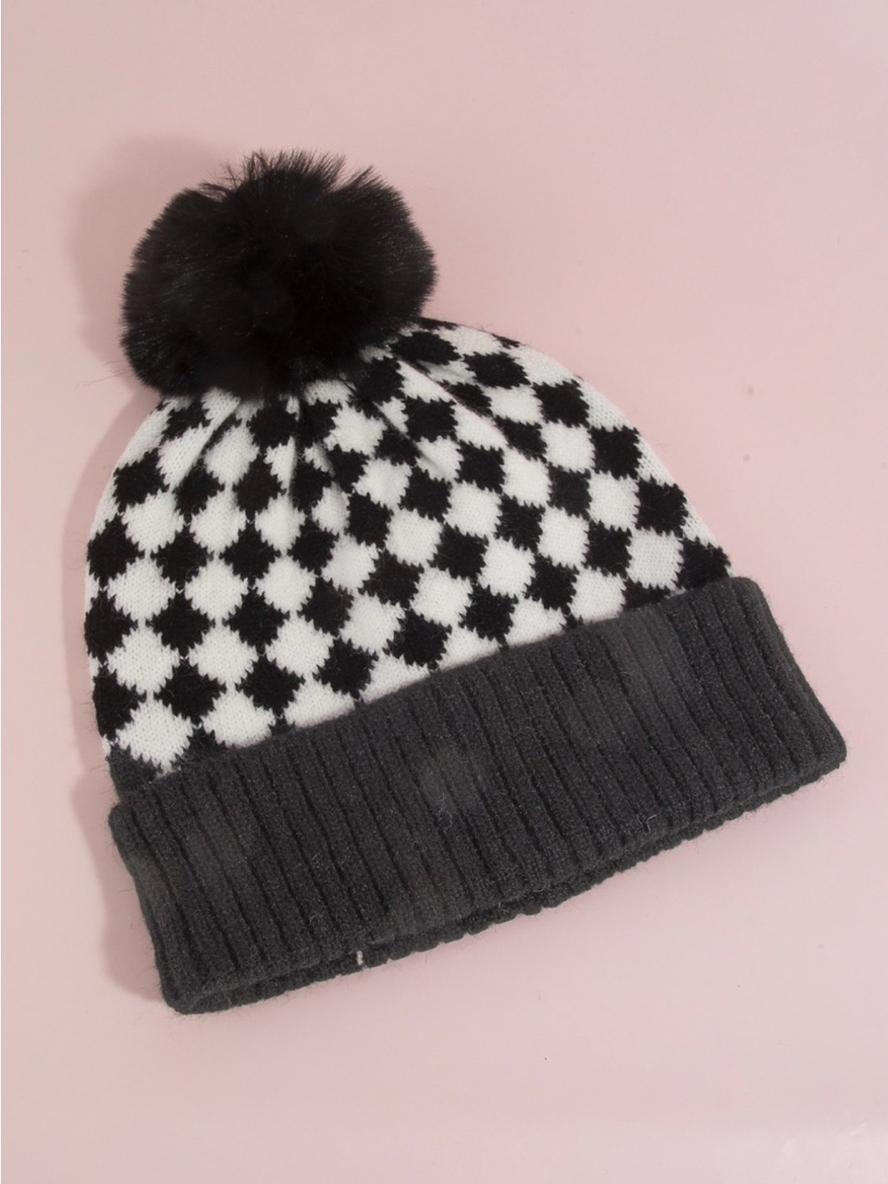 NWT Black & White Pom-Pom Knit Beanie with Folded Cuff